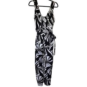 Tahari Linen Blend V-Neck Belted Women’s Jumpsuit Pants Romper Black/White Sz 10